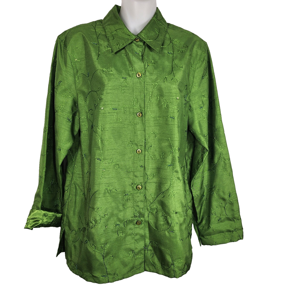 C.L.O.T.H.E.S. Womens Shirt Button Up Green Embroidered Beaded Sequins Medium